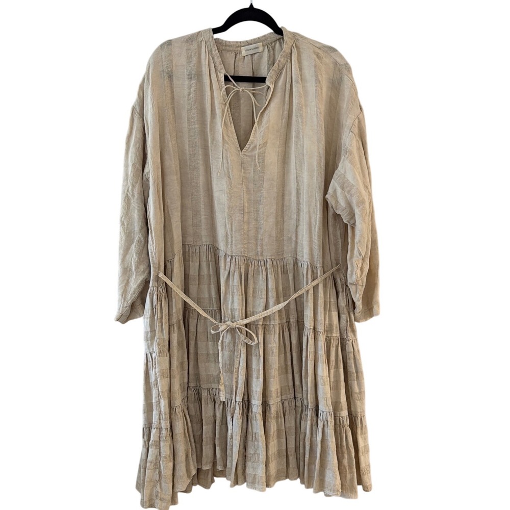 Krista Larson Sz OSFM 100% Linen Tiered Lagenlook Dress Beige Stripe Long Sleeve